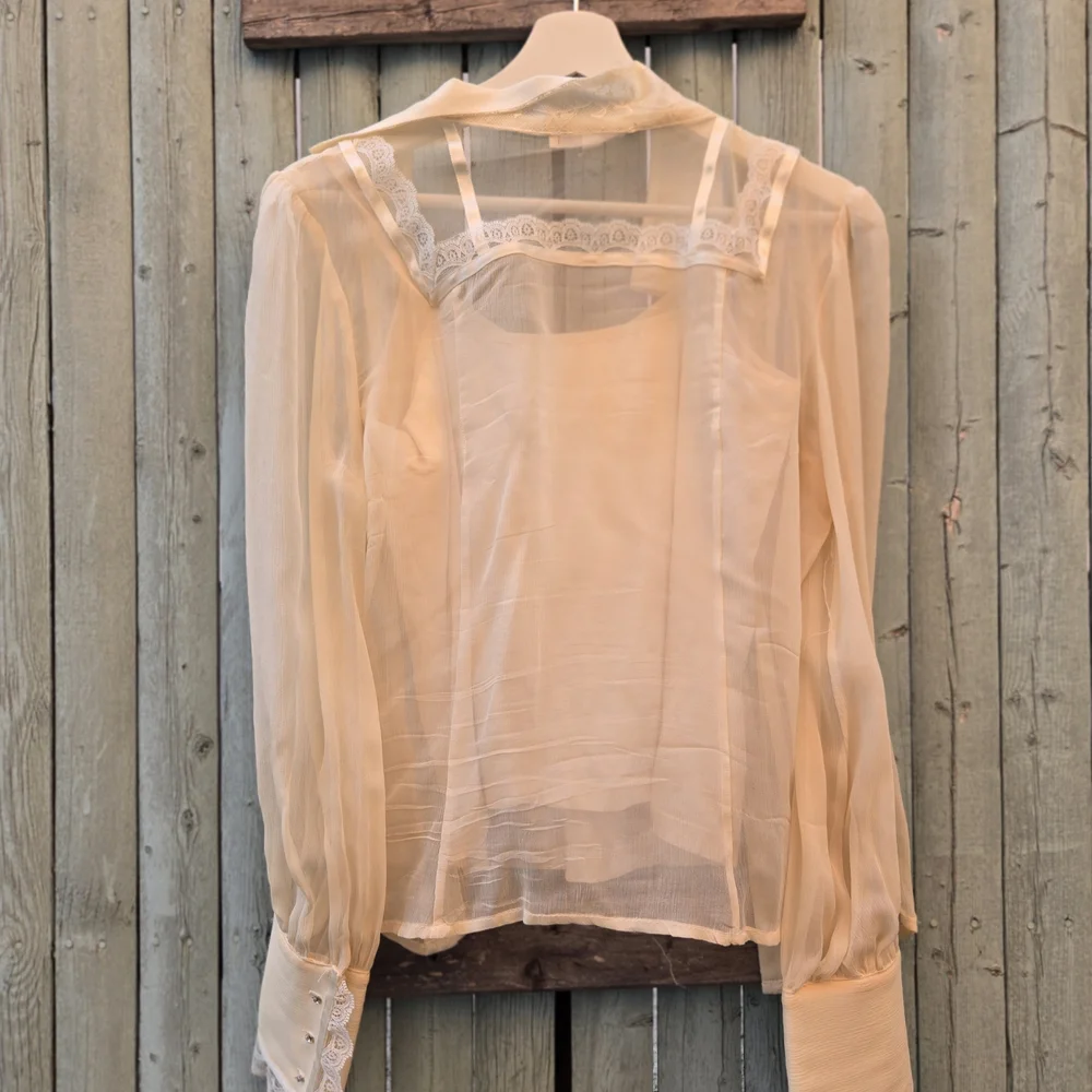 Alice + Olivia Sheer Silk Lace Blouse – Vintage,  Ivory, Large - Picture 2 of 9